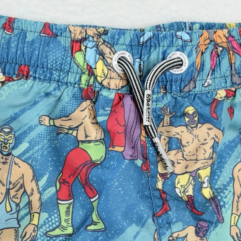 Boardies Boys 9-10 Swim Trunks Blue Luchador Wrestling Print Drawstring Pockets